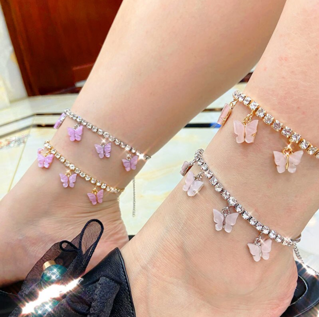 Rhinestone Butterfly & Cherry Anklets