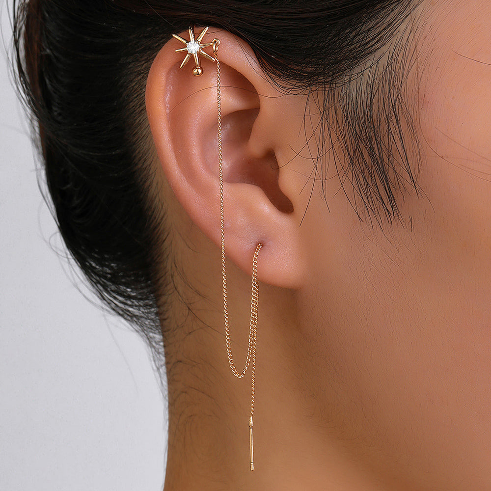 Gold Long Fringed Copper Hexagram Micro-set Zircon Ear Clip Ear Wire